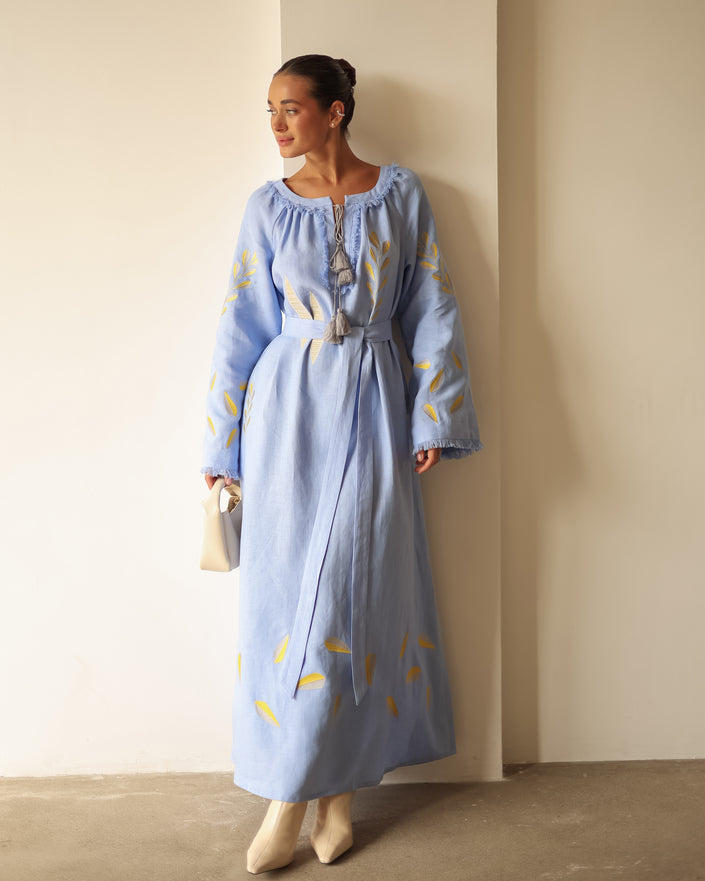 Powder Blue Embroidered Linen Maxi Dress | ZALXNDRA