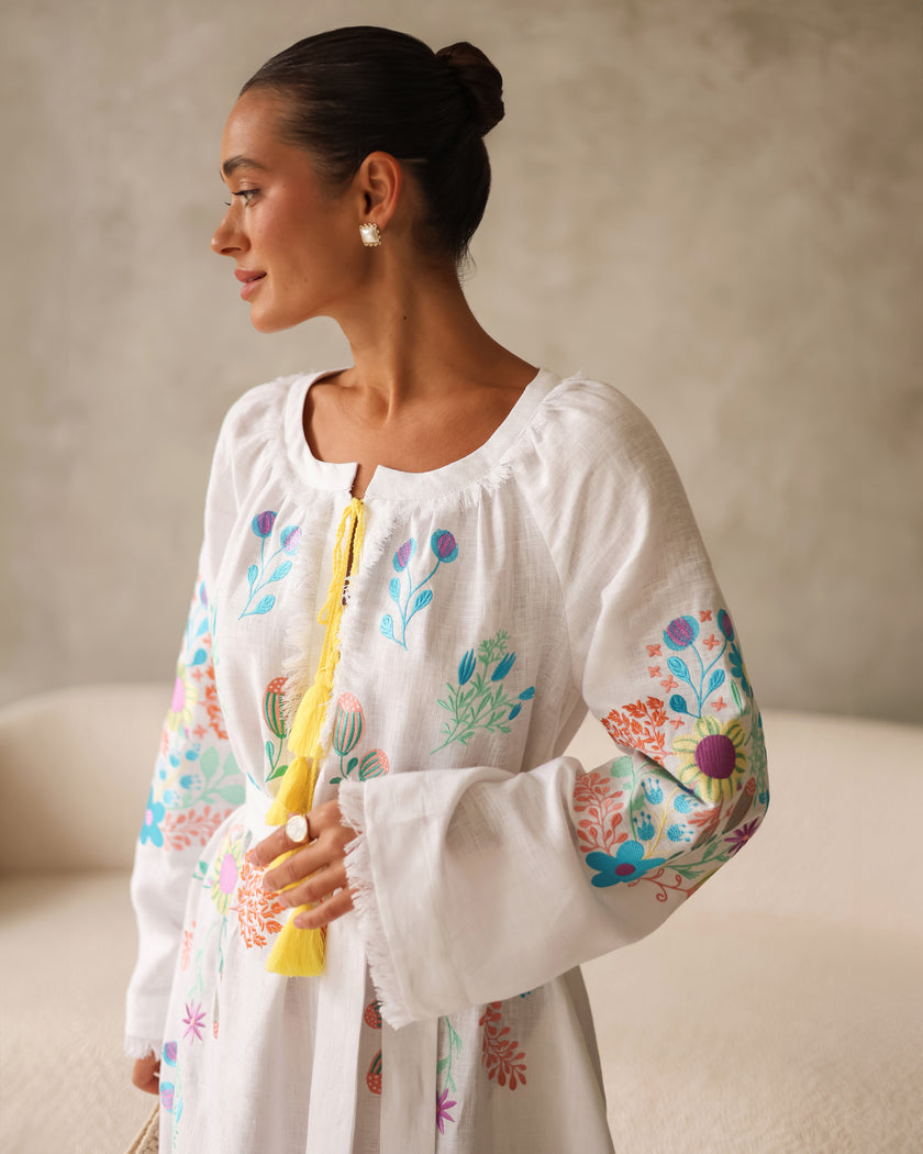 White Embroidered Linen Maxi Dress | ZALXNDRA