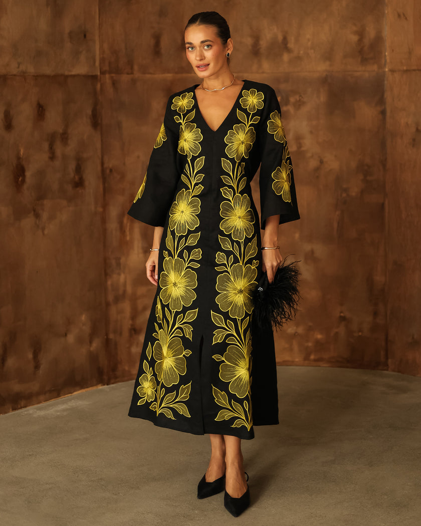 Black Embroidered Linen Dress | ZALXNDRA