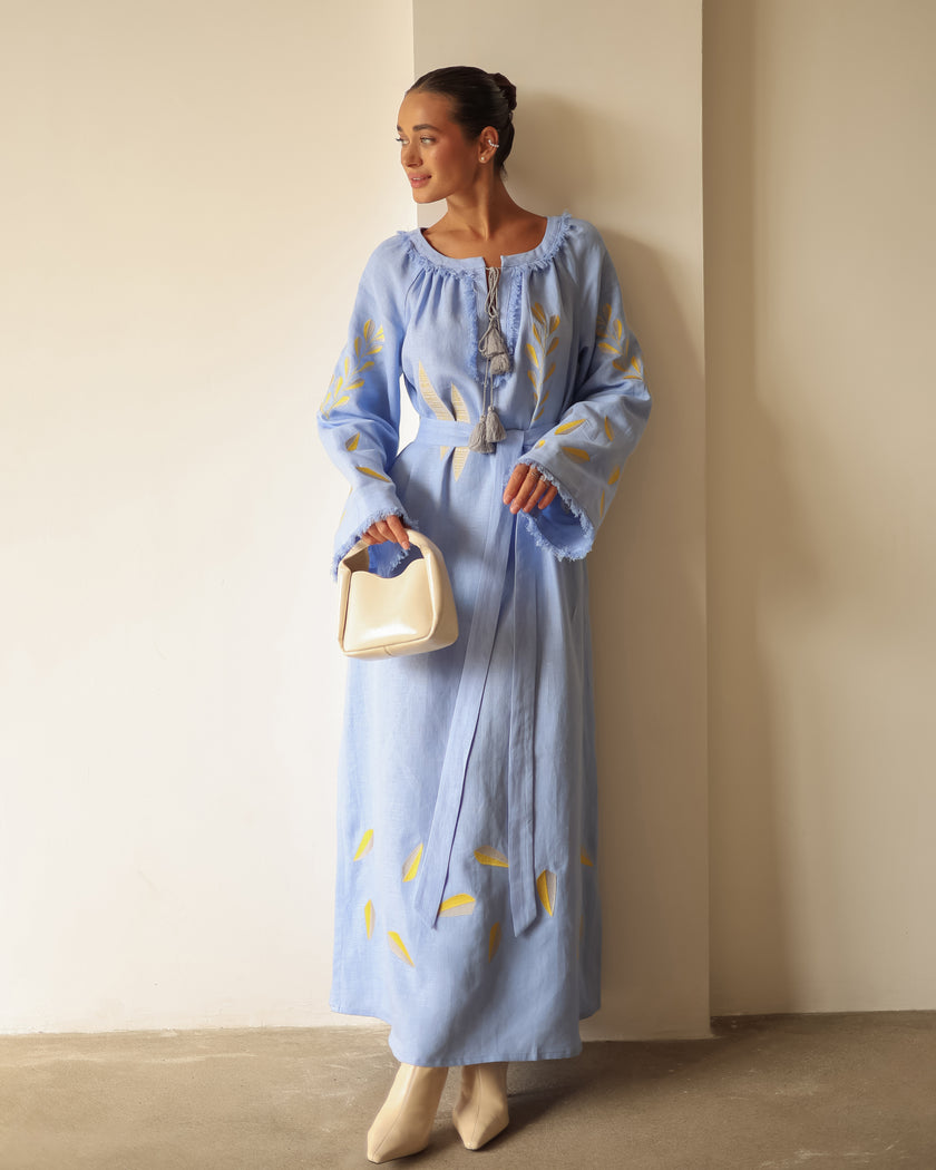 Powder Blue Embroidered Linen Maxi Dress | ZALXNDRA