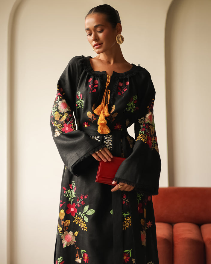 Black Embroidered Linen Maxi Dress | ZALXNDRA