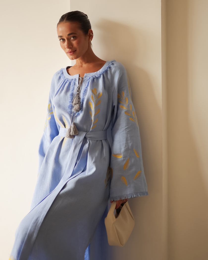 Powder Blue Embroidered Linen Maxi Dress | ZALXNDRA