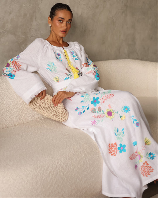White Multi-Color Floral Embroidered Linen Kaftan Maxi Dress