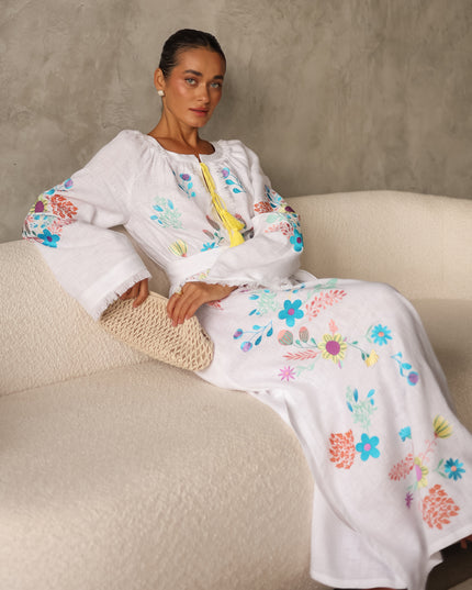 White Embroidered Linen Maxi Dress | ZALXNDRA