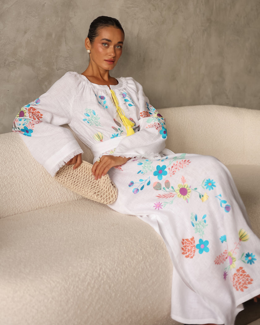 White Embroidered Linen Maxi Dress | ZALXNDRA