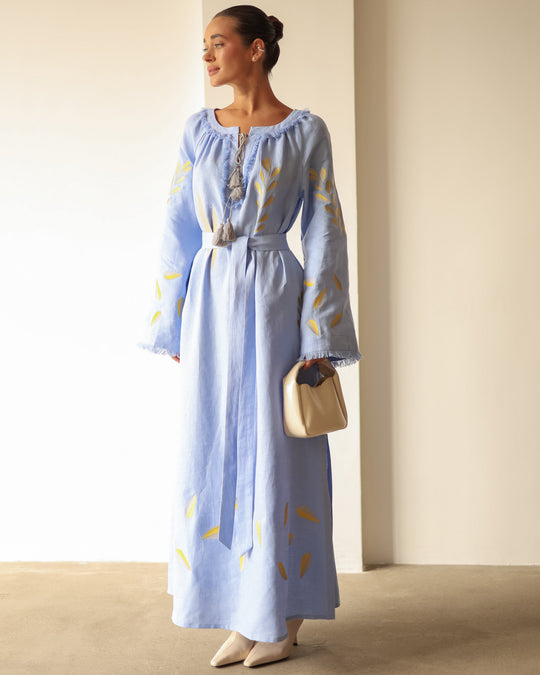 Powder Blue Yellow Leaf Embroidered Linen Kaftan Maxi Dress