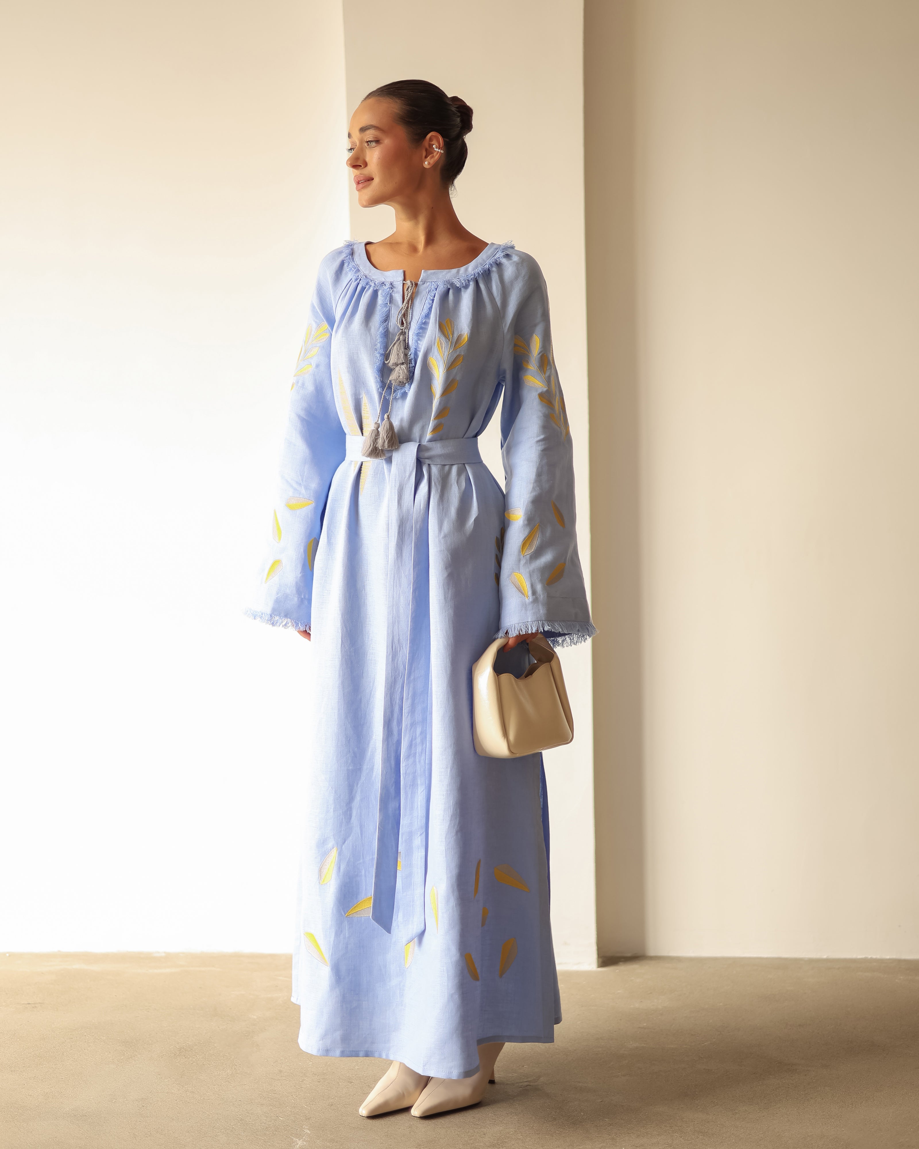 Powder Blue Embroidered Linen Maxi Dress | ZALXNDRA