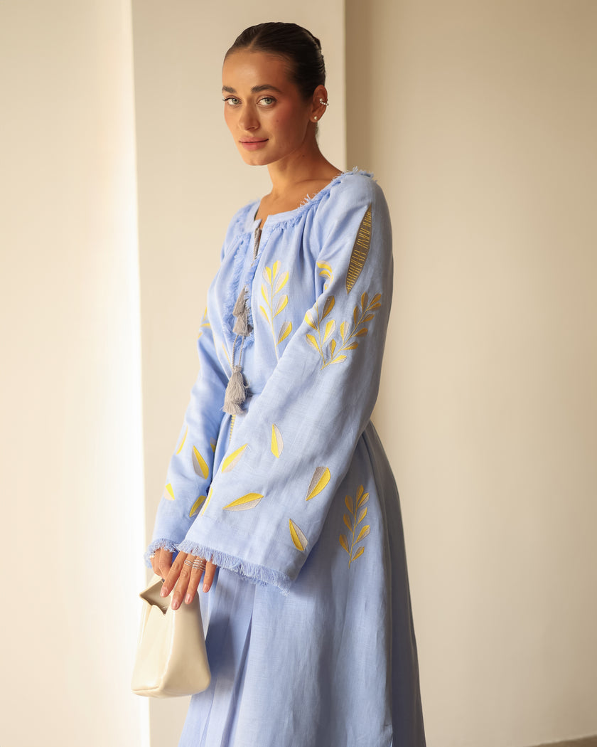 Powder Blue Embroidered Linen Maxi Dress | ZALXNDRA