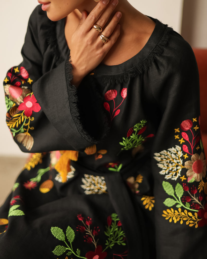 Black Embroidered Linen Maxi Dress | ZALXNDRA