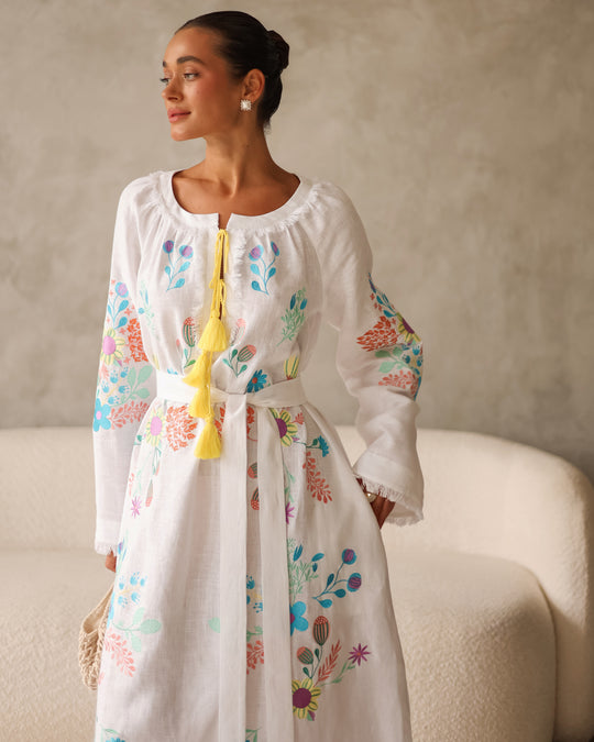 White Multi-Color Floral Embroidered Linen Kaftan Maxi Dress