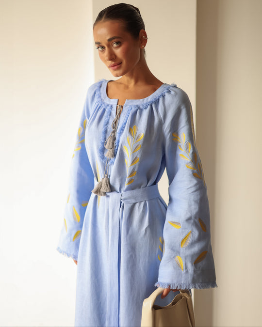 Powder Blue Yellow Leaf Embroidered Linen Kaftan Maxi Dress