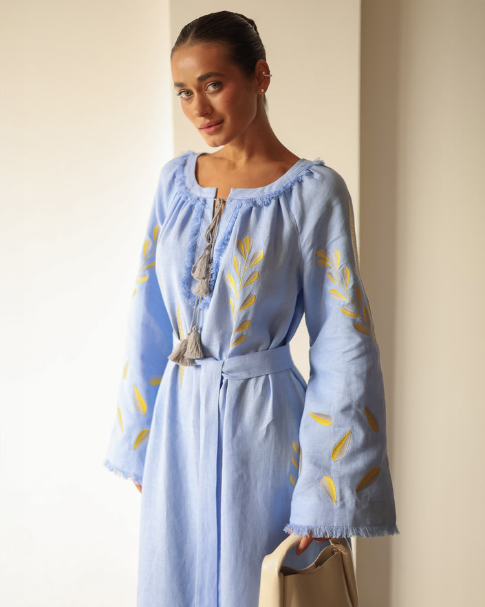 Powder Blue Embroidered Linen Maxi Dress | ZALXNDRA