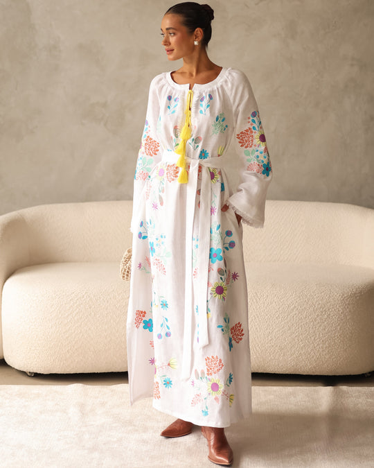 White Multi-Color Floral Embroidered Linen Kaftan Maxi Dress
