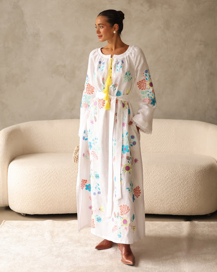 White Embroidered Linen Maxi Dress | ZALXNDRA