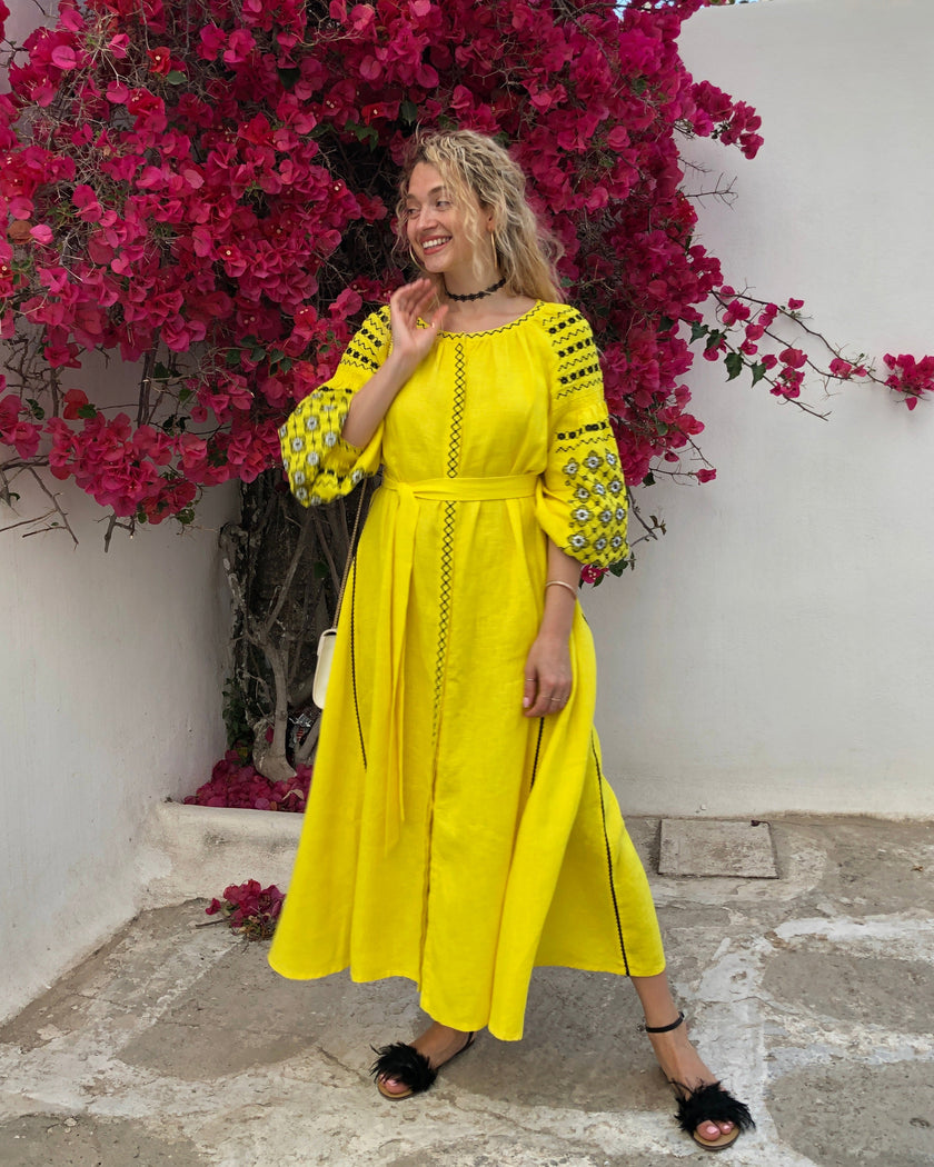 Lemon Yellow Embroidered Linen Maxi Dress | ZALXNDRA