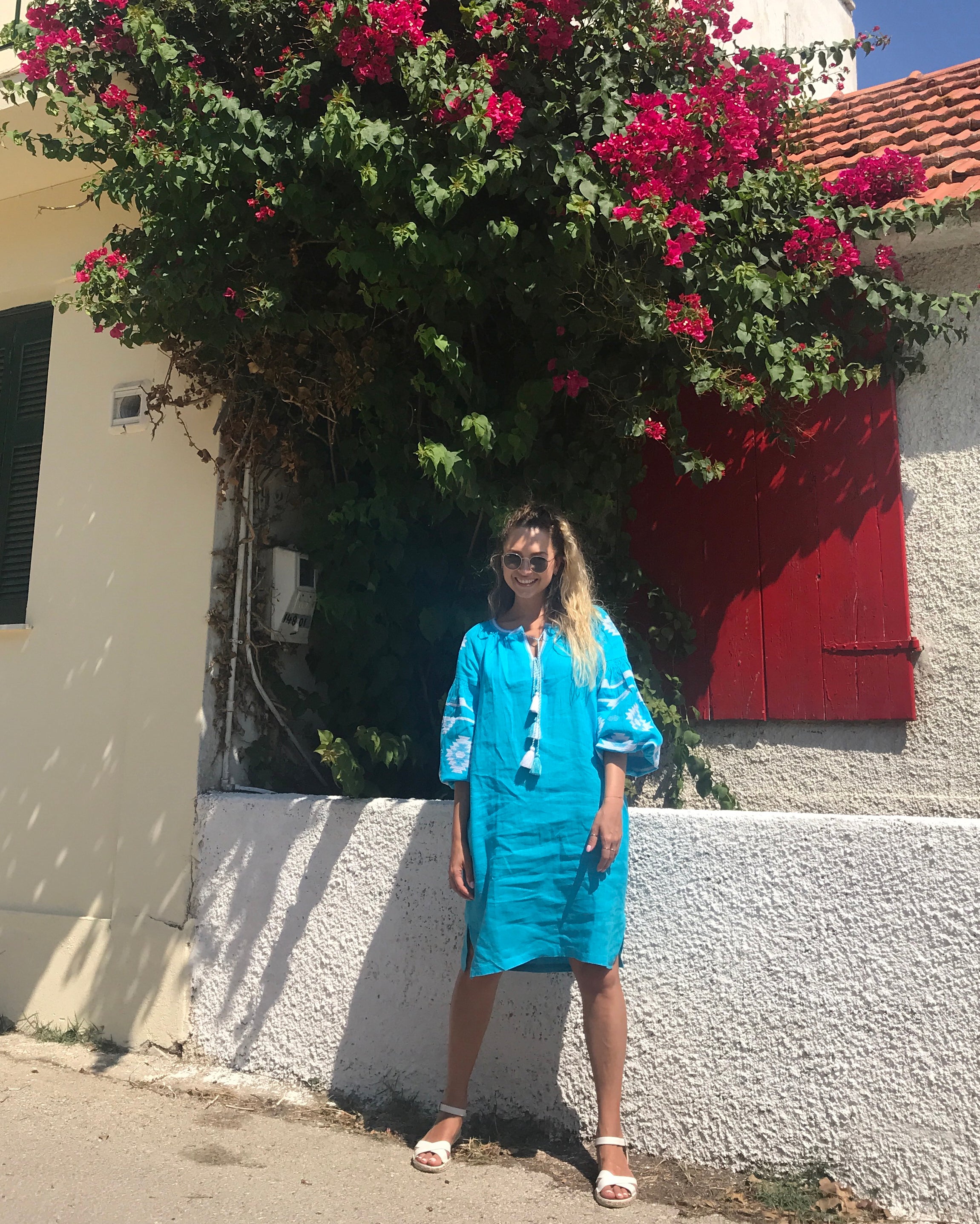 Turquoise Embroidered Linen Tunic Dress | ZALXNDRA