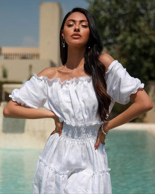White Tonal Embroidered Off-the-Shoulder Linen Midi Dress