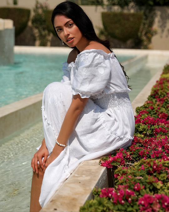 White Tonal Embroidered Off-the-Shoulder Linen Midi Dress