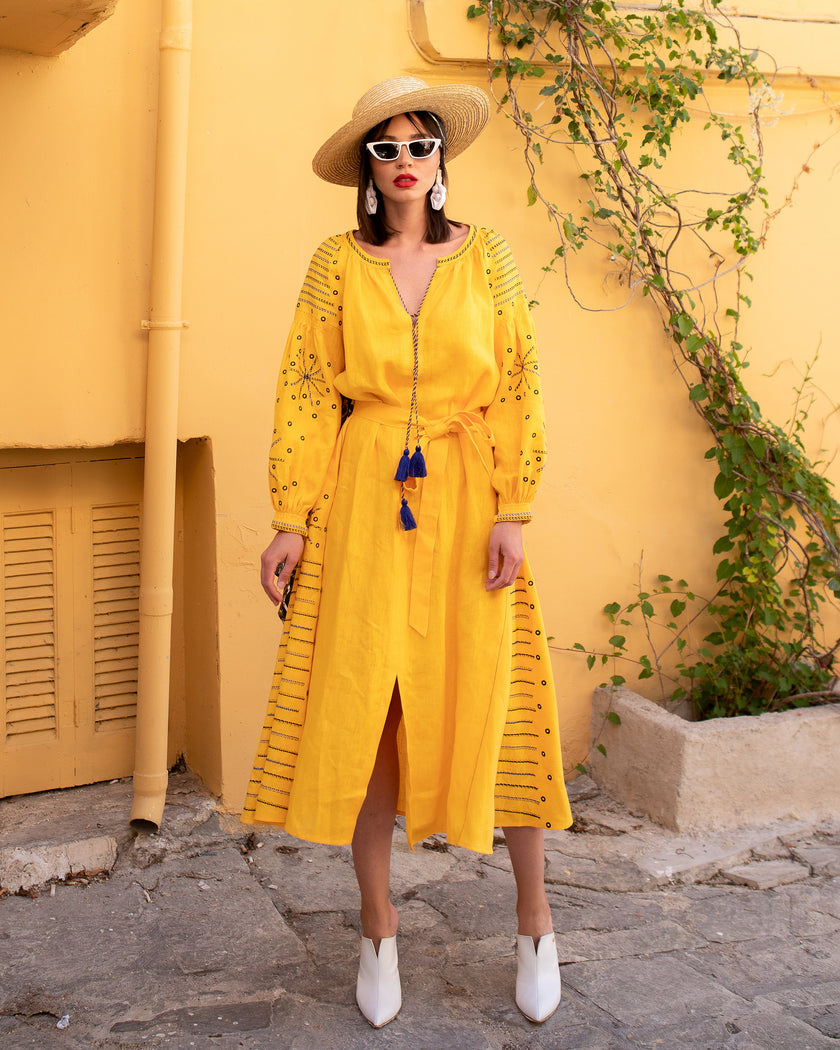 Saffron Yellow Embroidered Linen Maxi Dress | ZALXNDRA