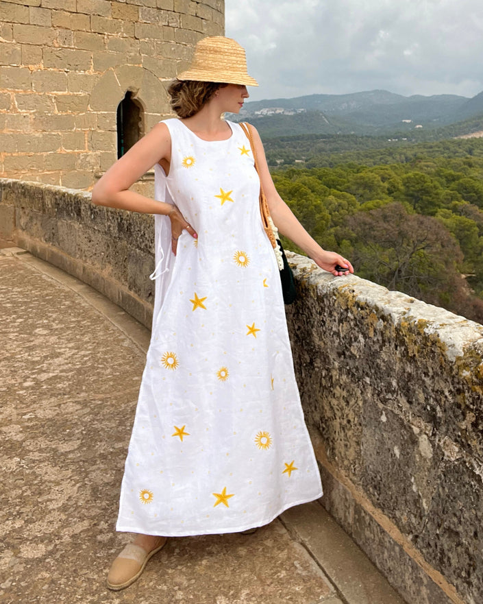 White Embroidered Linen Long Dress | ZALXNDRA
