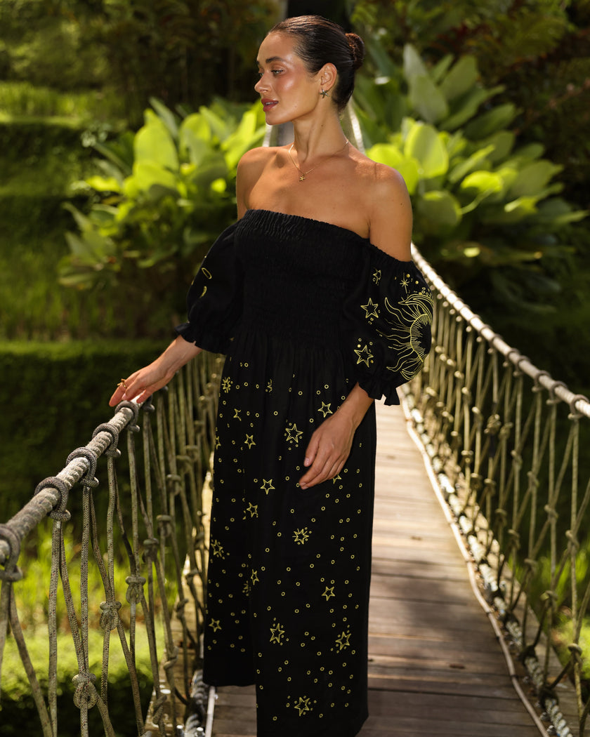 Black and Gold Celestial Embroidered Linen Off-Shoulder Midi Dress