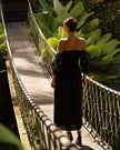 Black and Gold Celestial Embroidered Linen Off-Shoulder Midi Dress