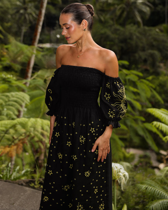 Black and Gold Celestial Embroidered Linen Off-Shoulder Midi Dress