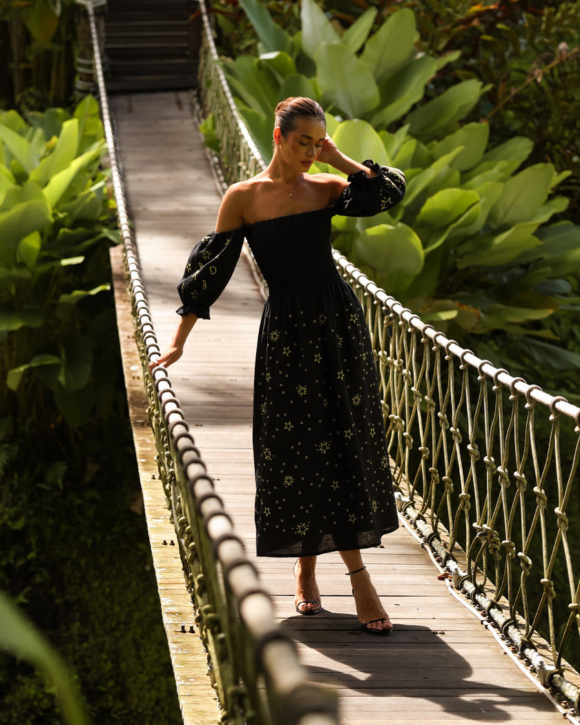 Black and Gold Celestial Embroidered Linen Off-Shoulder Midi Dress