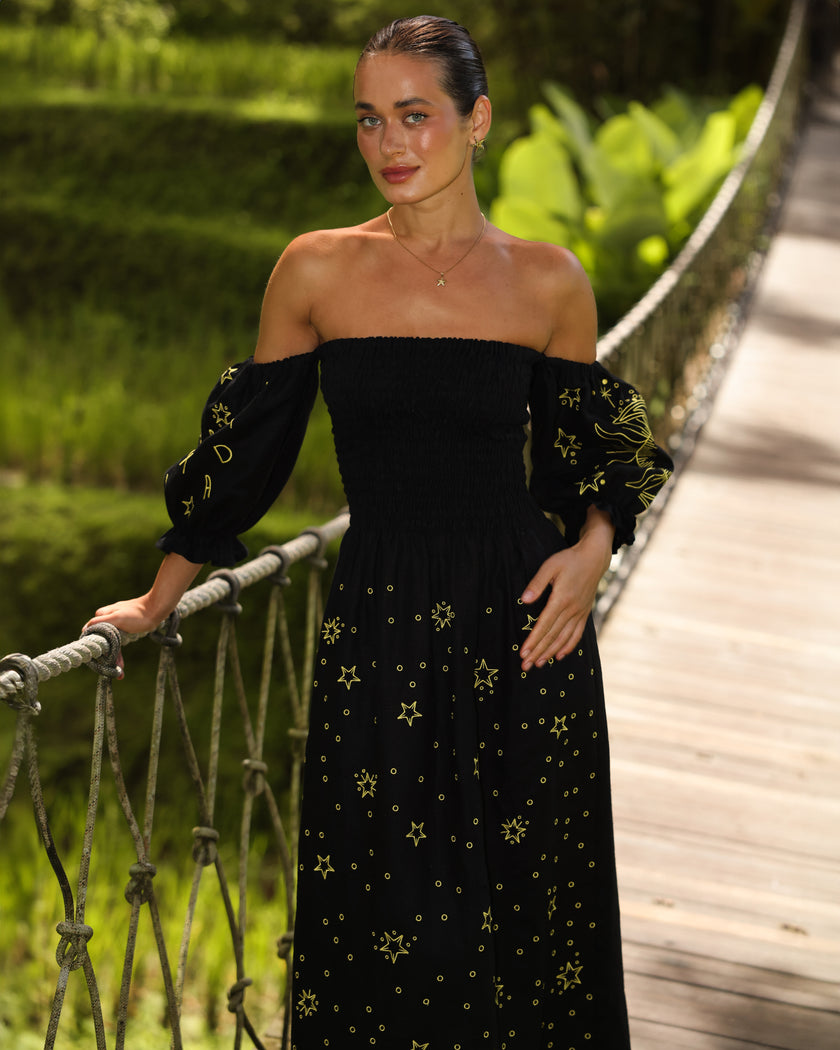 Black and Gold Celestial Embroidered Linen Off-Shoulder Midi Dress