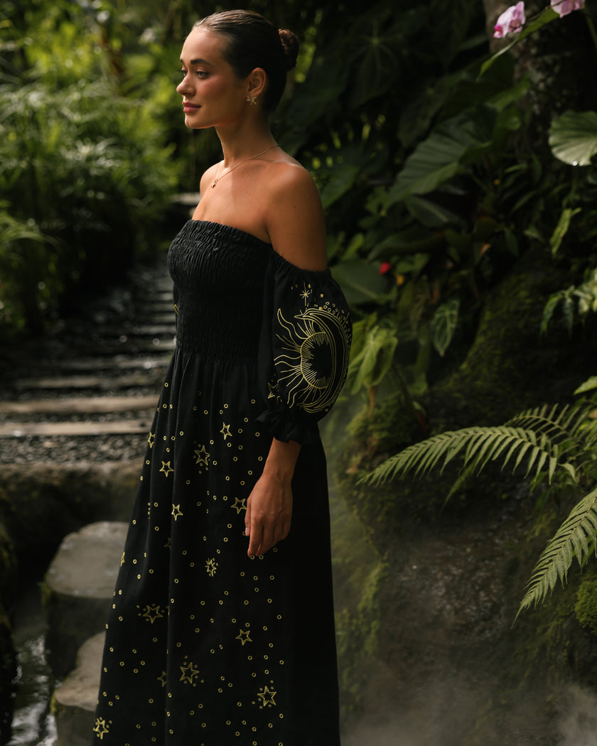 Black and Gold Celestial Embroidered Linen Off-Shoulder Midi Dress