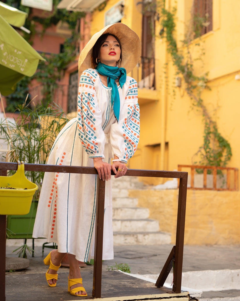 White Embroidered Linen Maxi Dress | ZALXNDRA