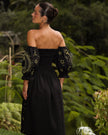 Black and Gold Celestial Embroidered Linen Off-Shoulder Midi Dress