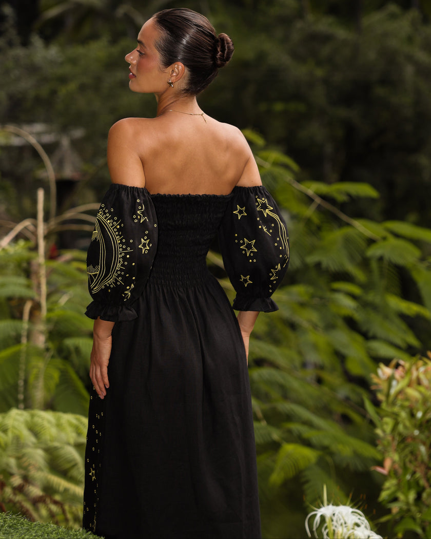 Black and Gold Celestial Embroidered Linen Off-Shoulder Midi Dress