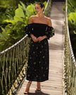 Black and Gold Celestial Embroidered Linen Off-Shoulder Midi Dress