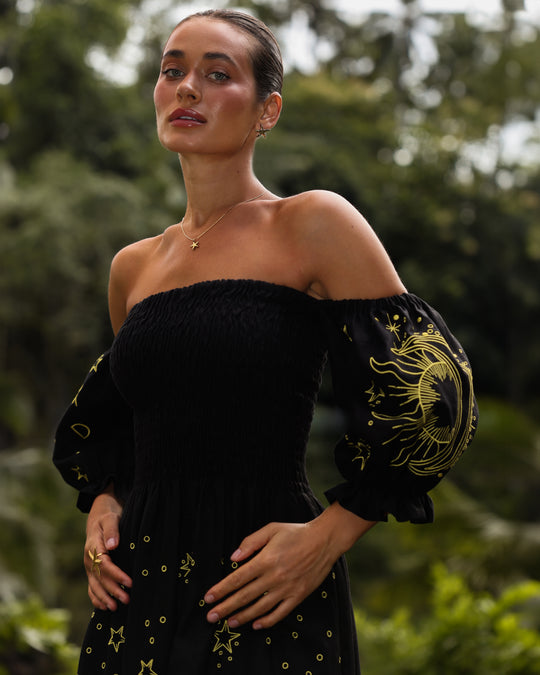 Black and Gold Celestial Embroidered Linen Off-Shoulder Midi Dress