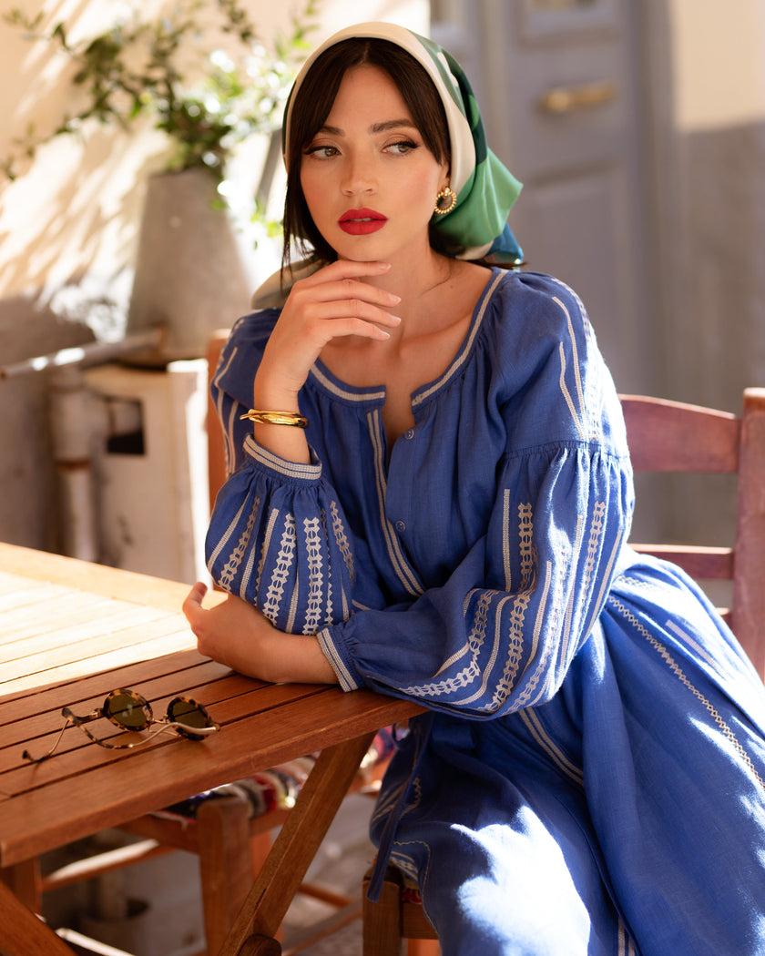 Royal Blue Embroidered Linen Maxi Dress | ZALXNDRA