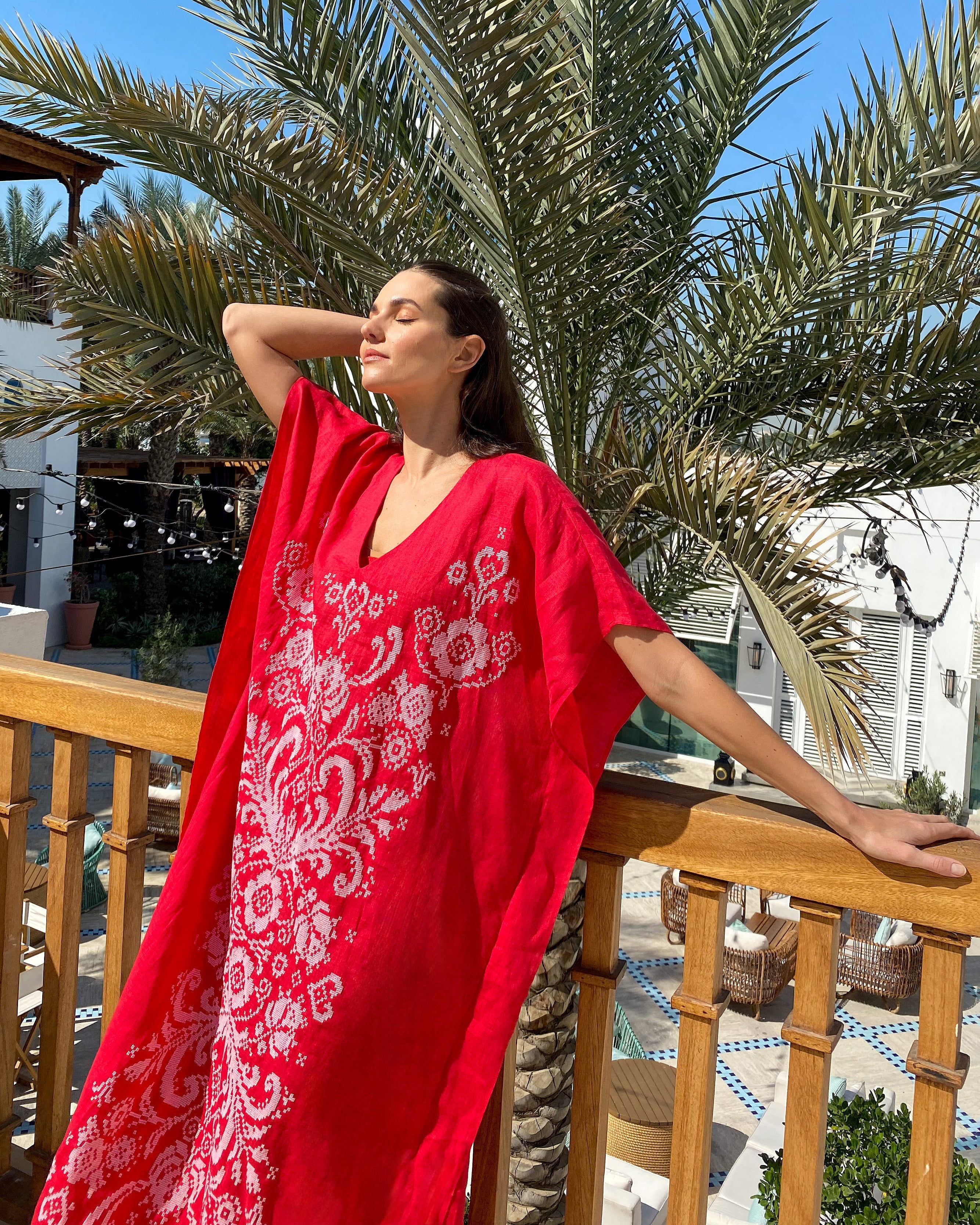 Scarlet Red Hand Embroidered Linen Maxi Dress | ZALXNDRA