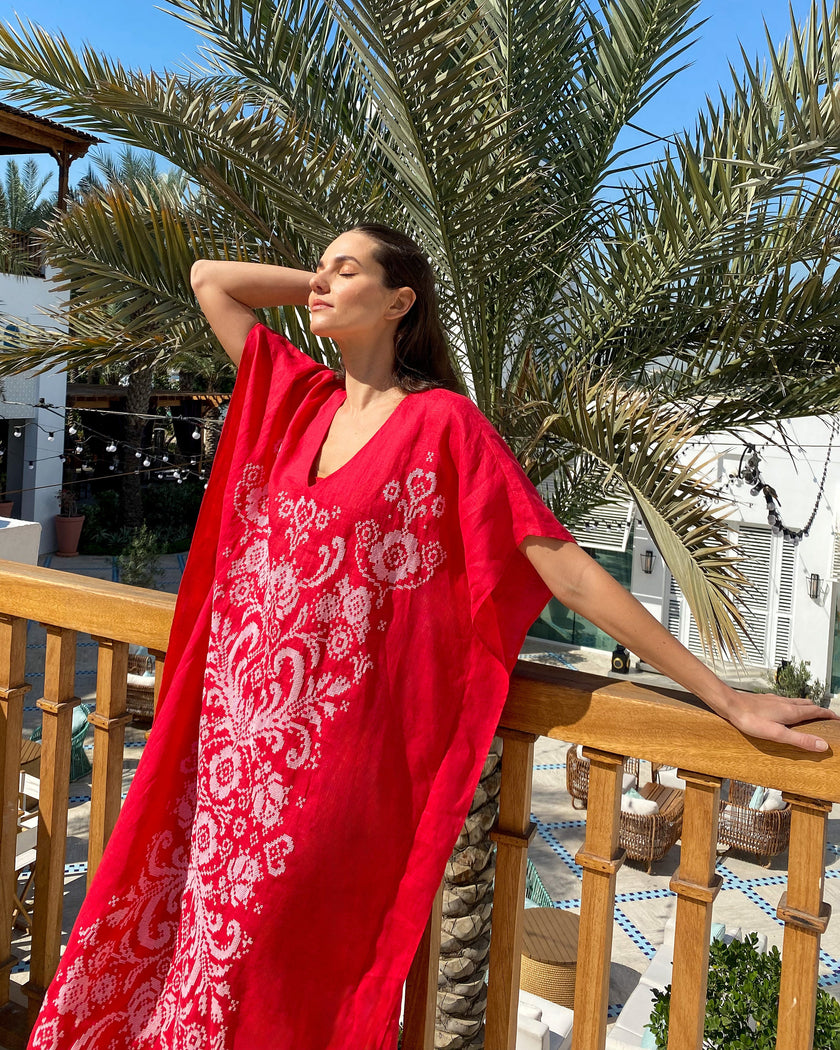 Scarlet Red Hand Embroidered Linen Maxi Dress | ZALXNDRA
