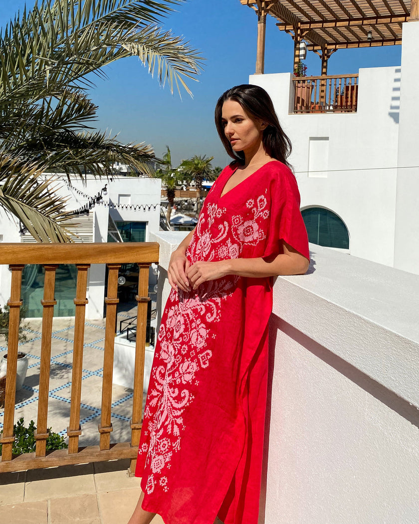 Scarlet Red Hand Embroidered Linen Maxi Dress | ZALXNDRA
