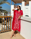 Scarlet Red Hand Embroidered Linen Maxi Dress | ZALXNDRA