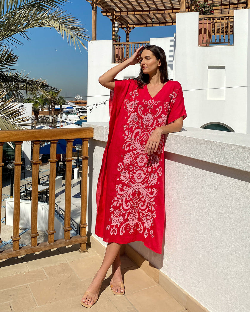 Scarlet Red Hand Embroidered Linen Maxi Dress | ZALXNDRA