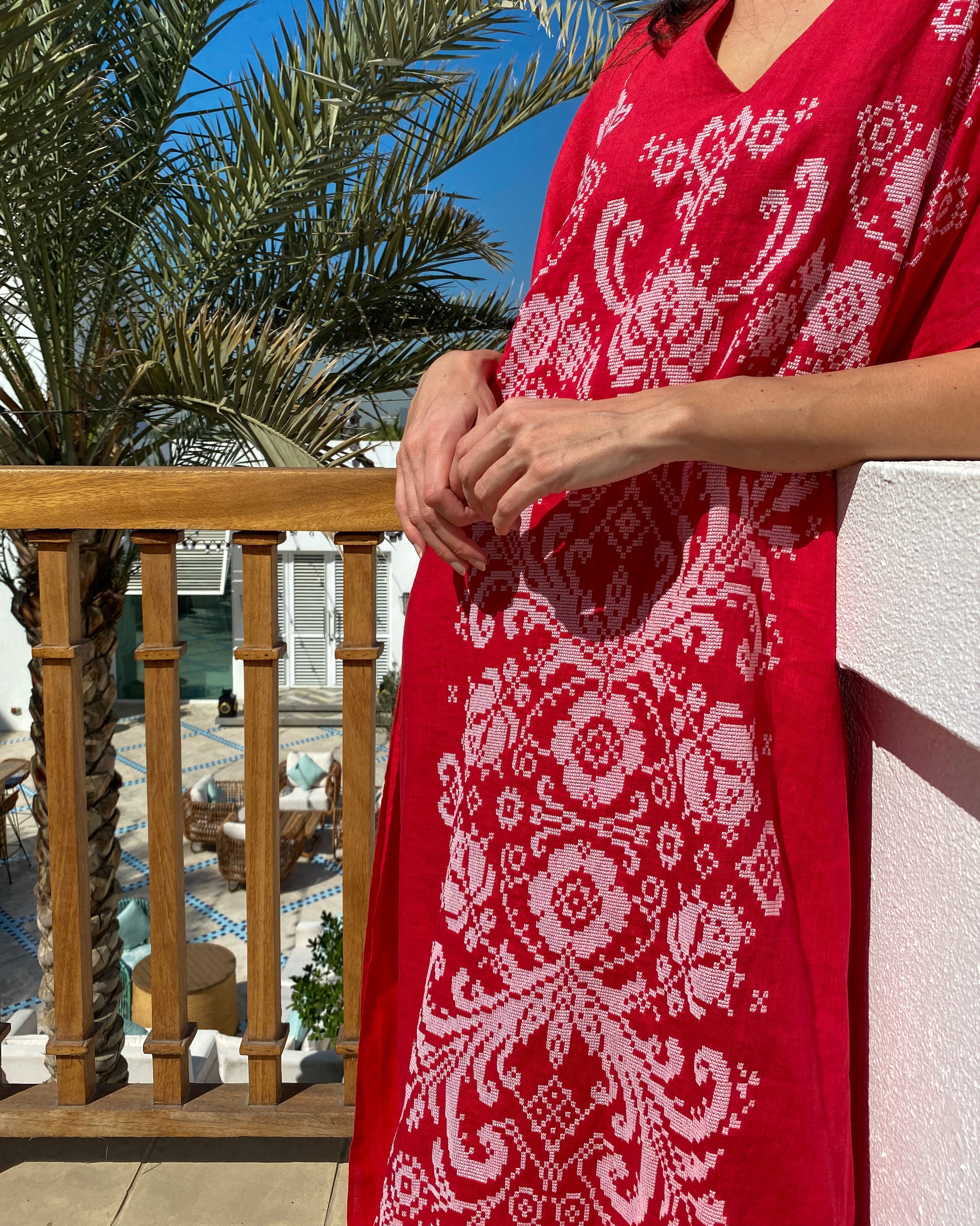 Scarlet Red Hand Embroidered Linen Maxi Dress | ZALXNDRA