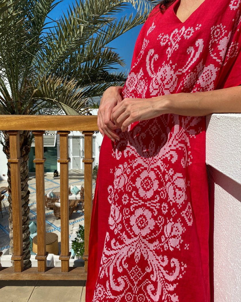 Scarlet Red Hand Embroidered Linen Maxi Dress | ZALXNDRA