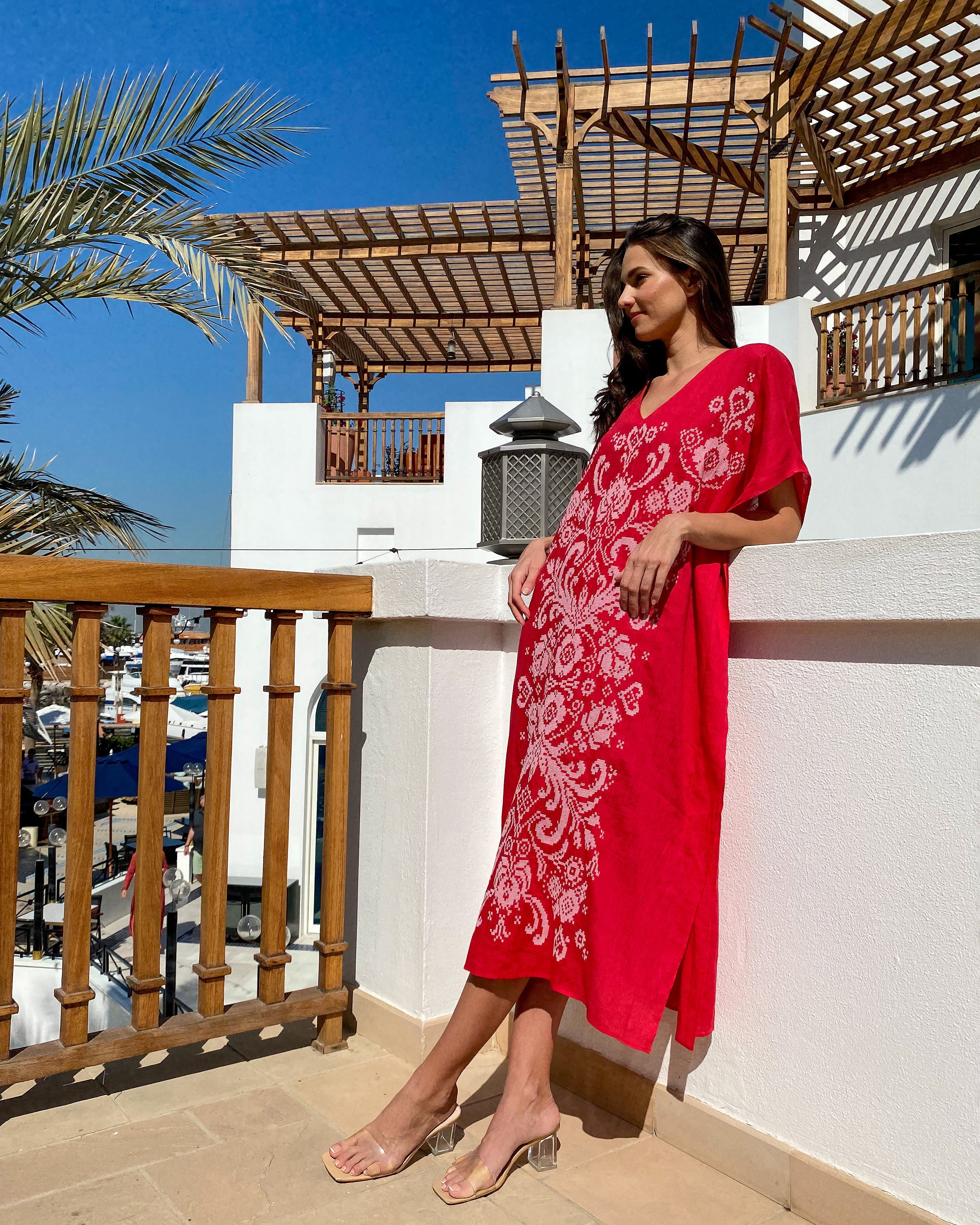 Scarlet Red Hand Embroidered Linen Maxi Dress | ZALXNDRA