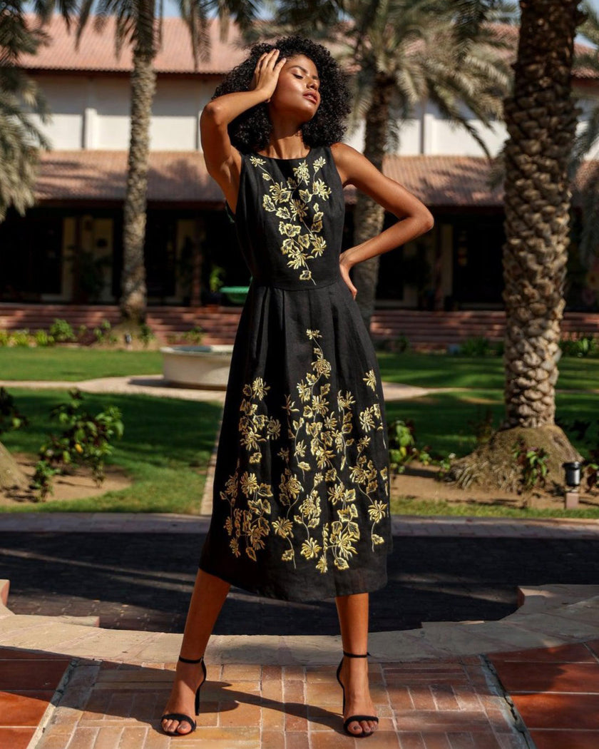 Black Embroidered Linen Dress | ZALXNDRA