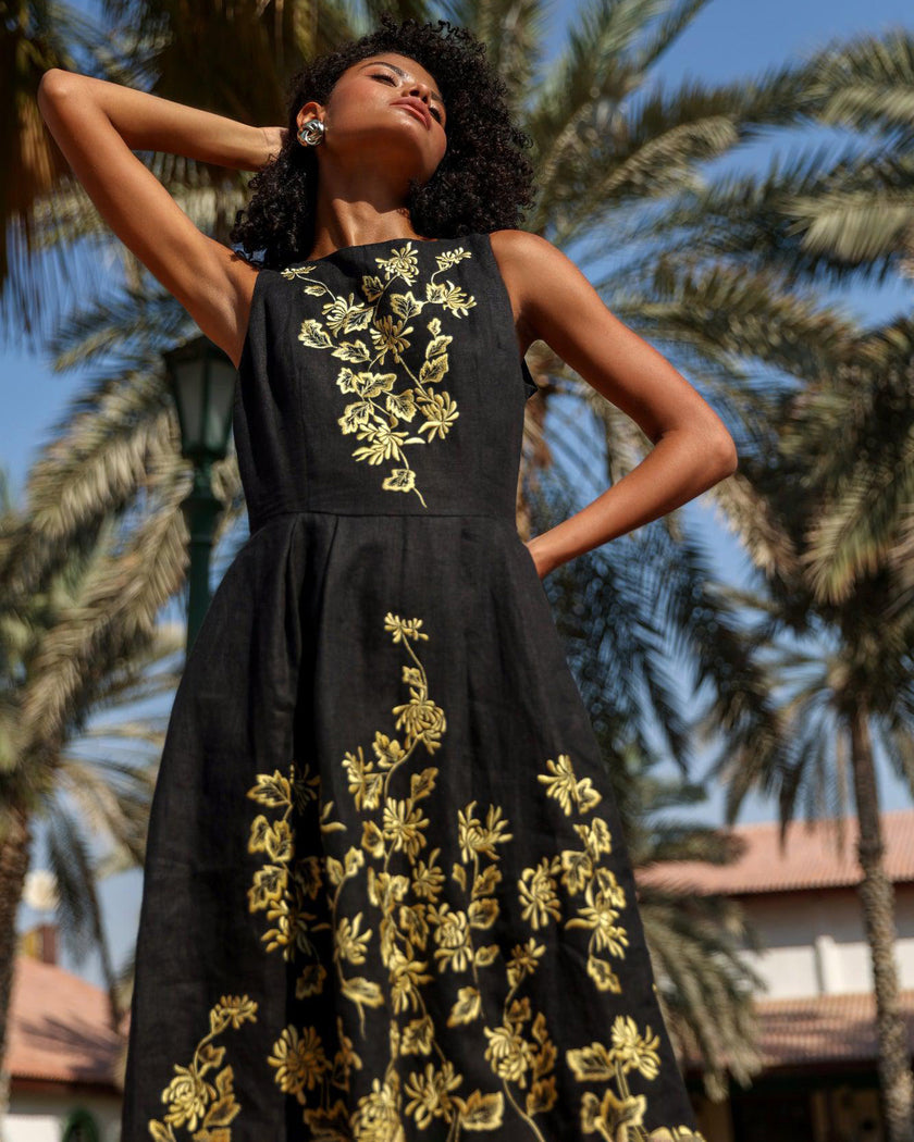 Black Embroidered Linen Dress | ZALXNDRA