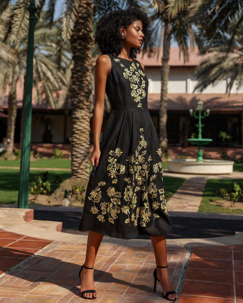 Black Embroidered Linen Dress | ZALXNDRA