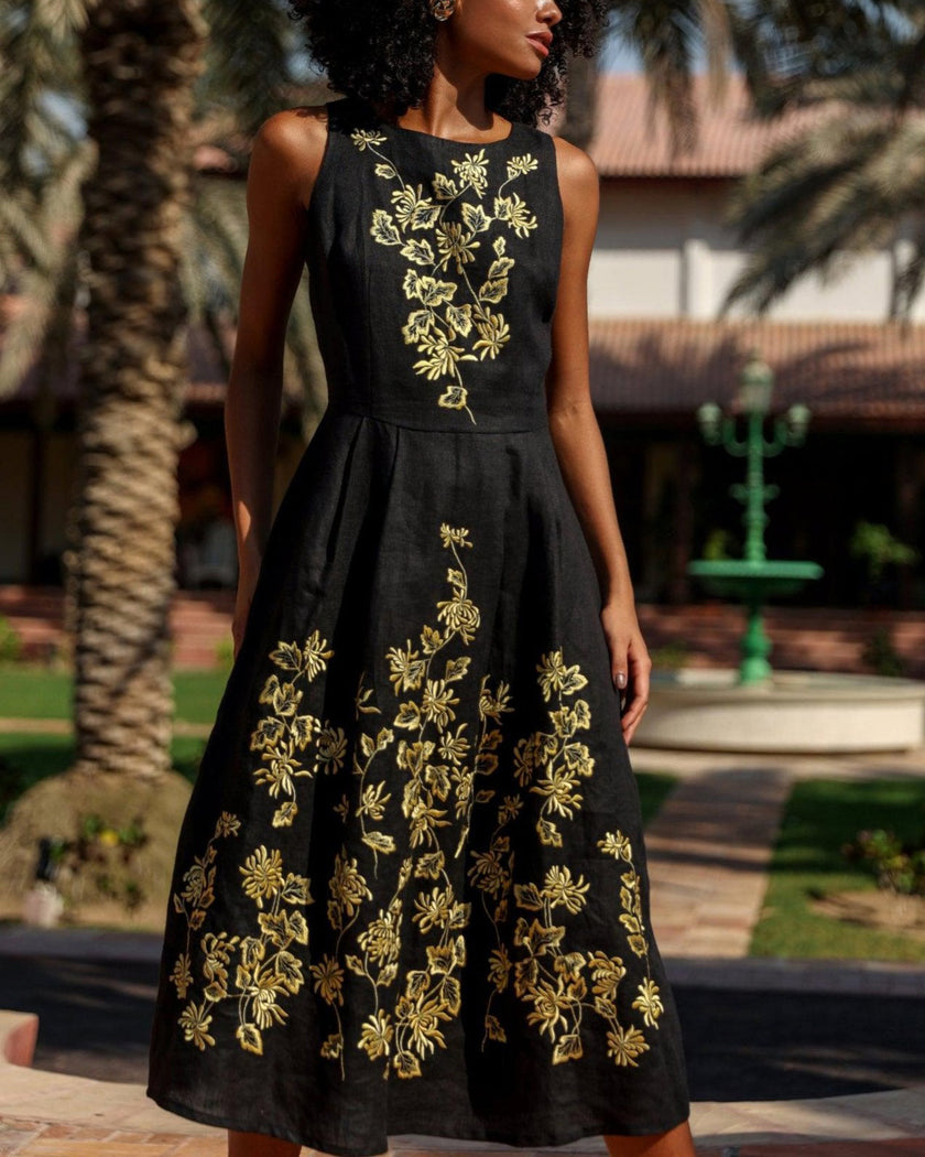 Black Embroidered Linen Dress | ZALXNDRA