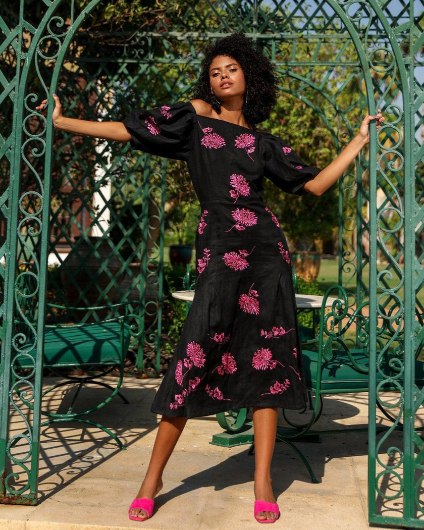 Black Embroidered Linen Dress | ZALXNDRA