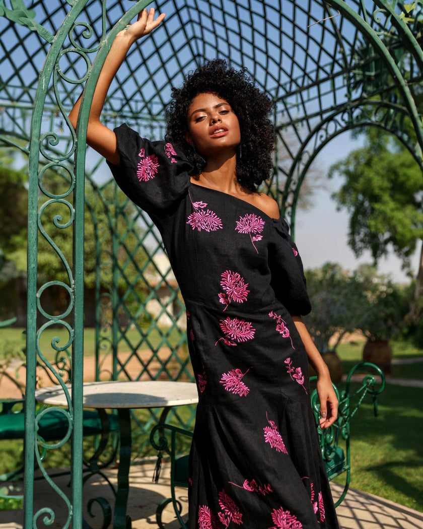 Black Embroidered Linen Dress | ZALXNDRA
